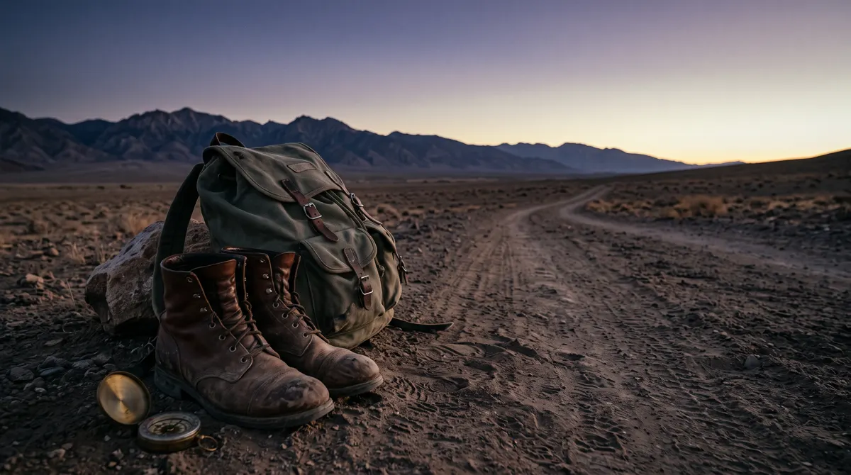 Worn boots and a backpack on a long desert trail at first light, representing a life built through aligned movement | Live Like You Stole It