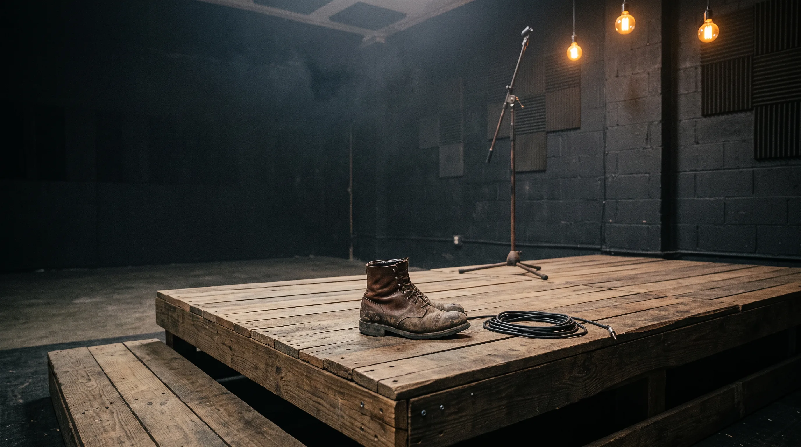 A rough hand-built wooden music stage with a worn work boot, coiled instrument cable, microphone stand, and warm workshop lights, representing work before recognition | Live Like You Stole It