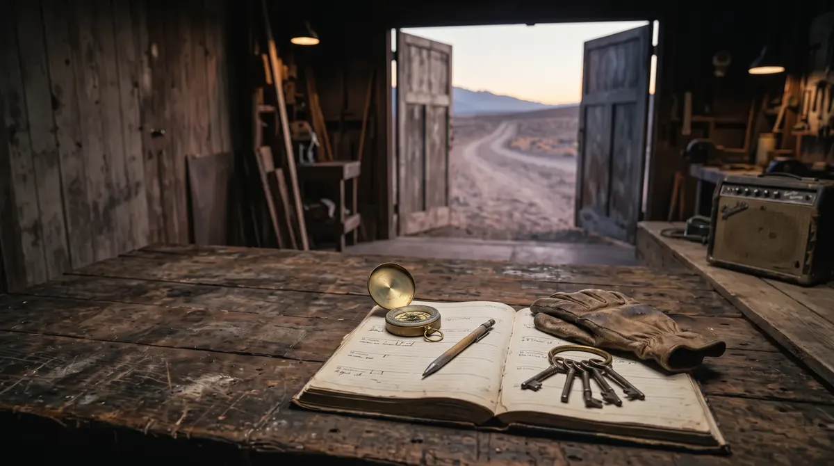 An analog daily planner, brass compass, and worn work gloves on a workshop bench, representing deliberate ownership of time | Live Like You Stole It