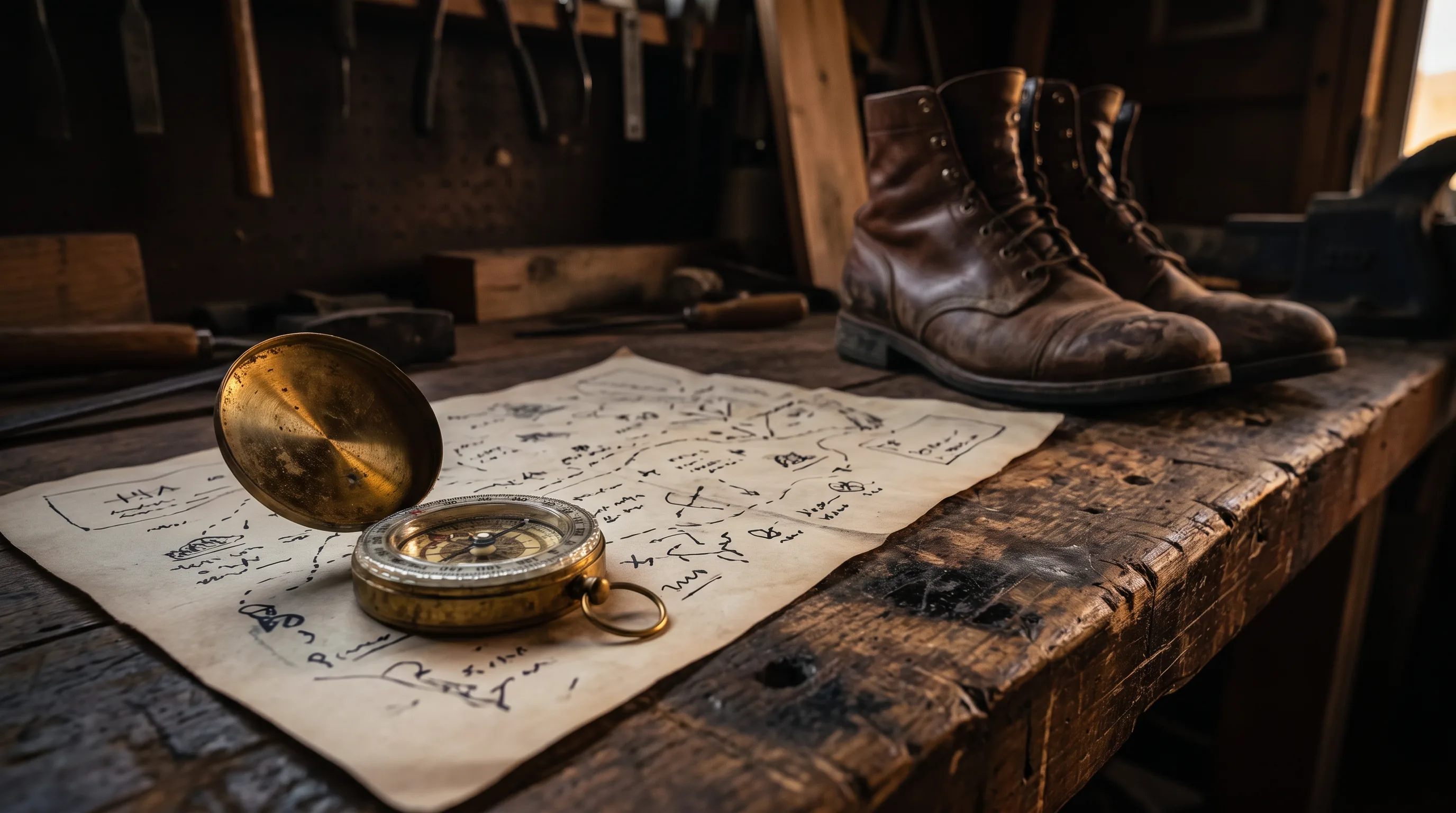 A tarnished brass compass resting on a hand-drawn trail map beside worn boots on a workshop table, representing a personally chosen direction over someone else’s route | Live Like You Stole It