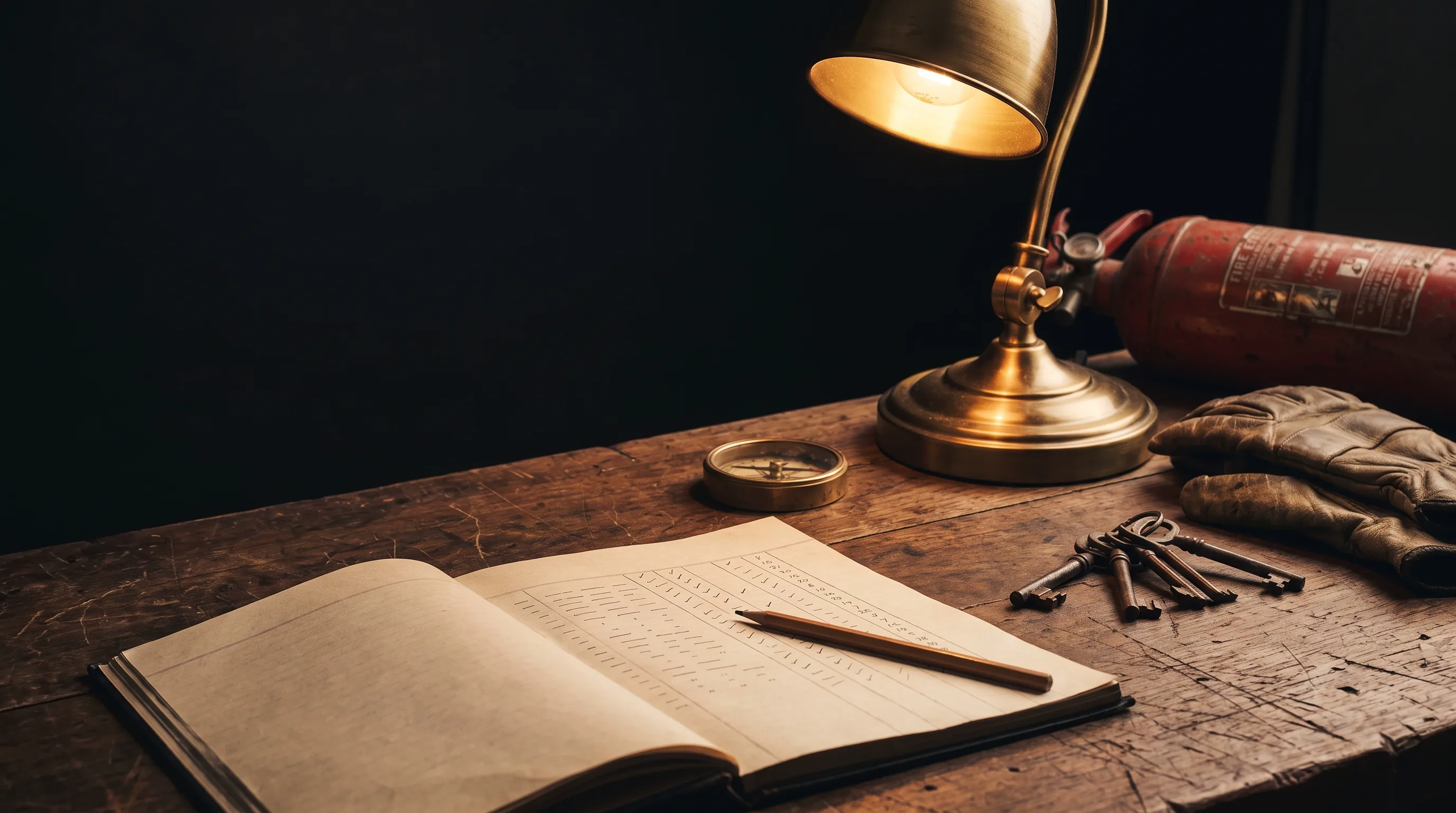 A warm workshop lamp beside a brass compass, a handwritten runway plan, and an old fire extinguisher on a workbench, representing a strategic exit instead of a reckless escape | Live Like You Stole It