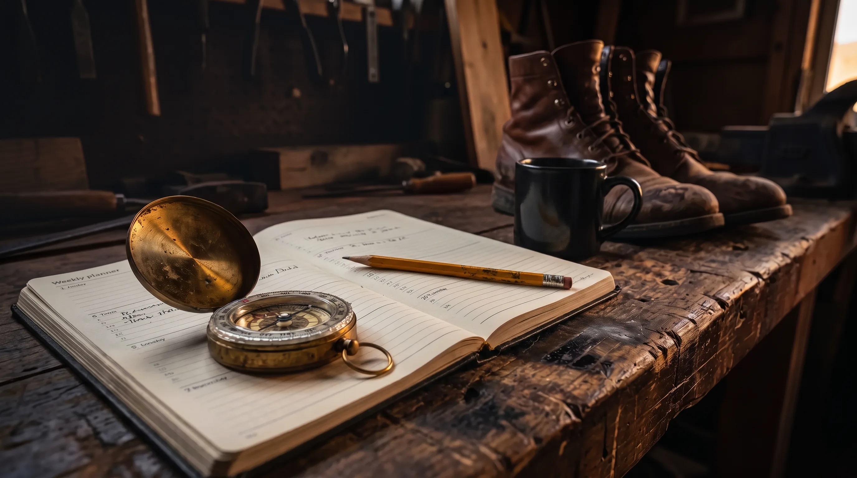 An analog weekly planner with a brass compass, old pencil, coffee mug, and worn boots on a workshop table, representing turning direction into daily life | Live Like You Stole It