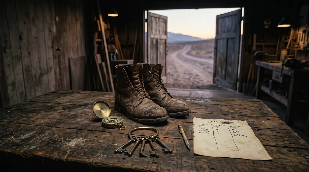 Worn leather work boots, brass compass, keys, and a handwritten life inventory on a workshop table, representing reclaiming time, money, and mental energy | Live Like You Stole It