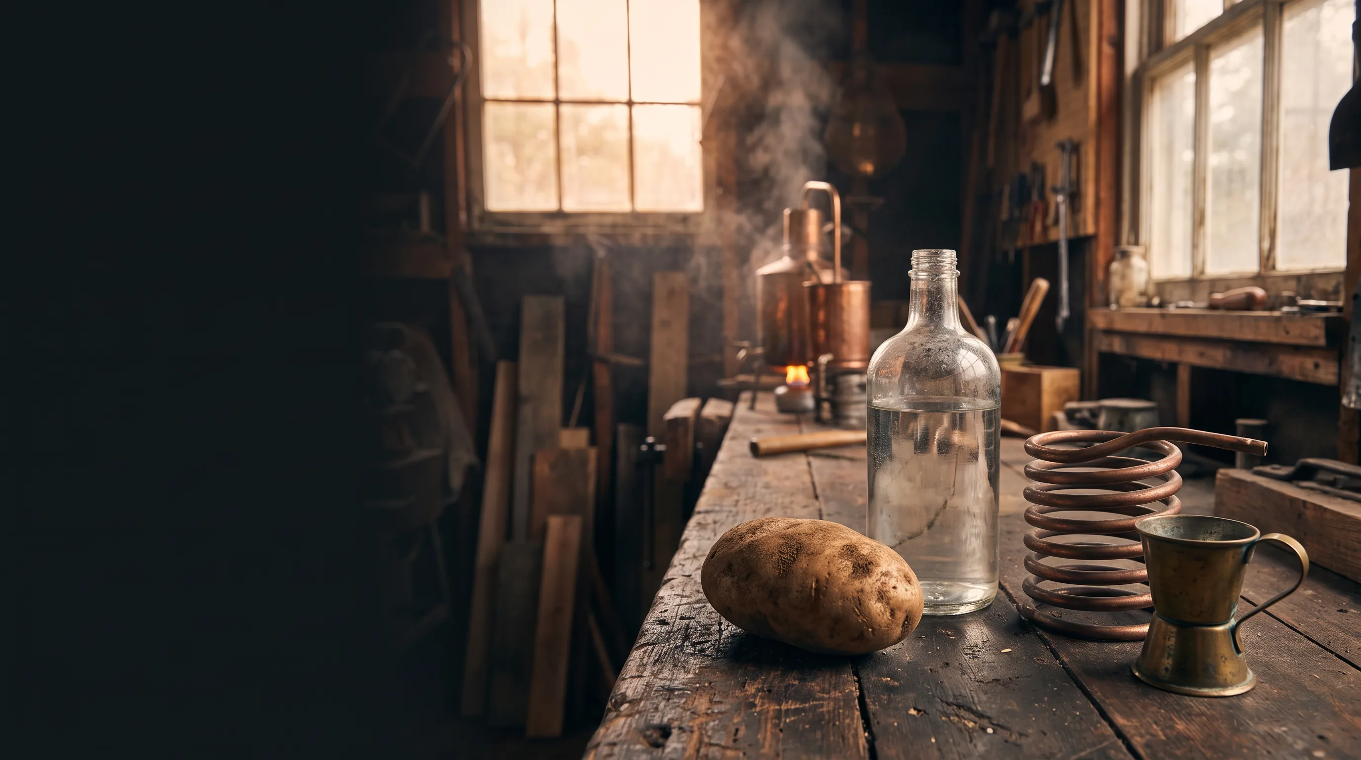 A rough potato, a weathered glass bottle, copper distilling tools, and warm workshop light on a dark wooden bench, representing raw life becoming 100 PROOF through intentional process | Live Like You Stole It