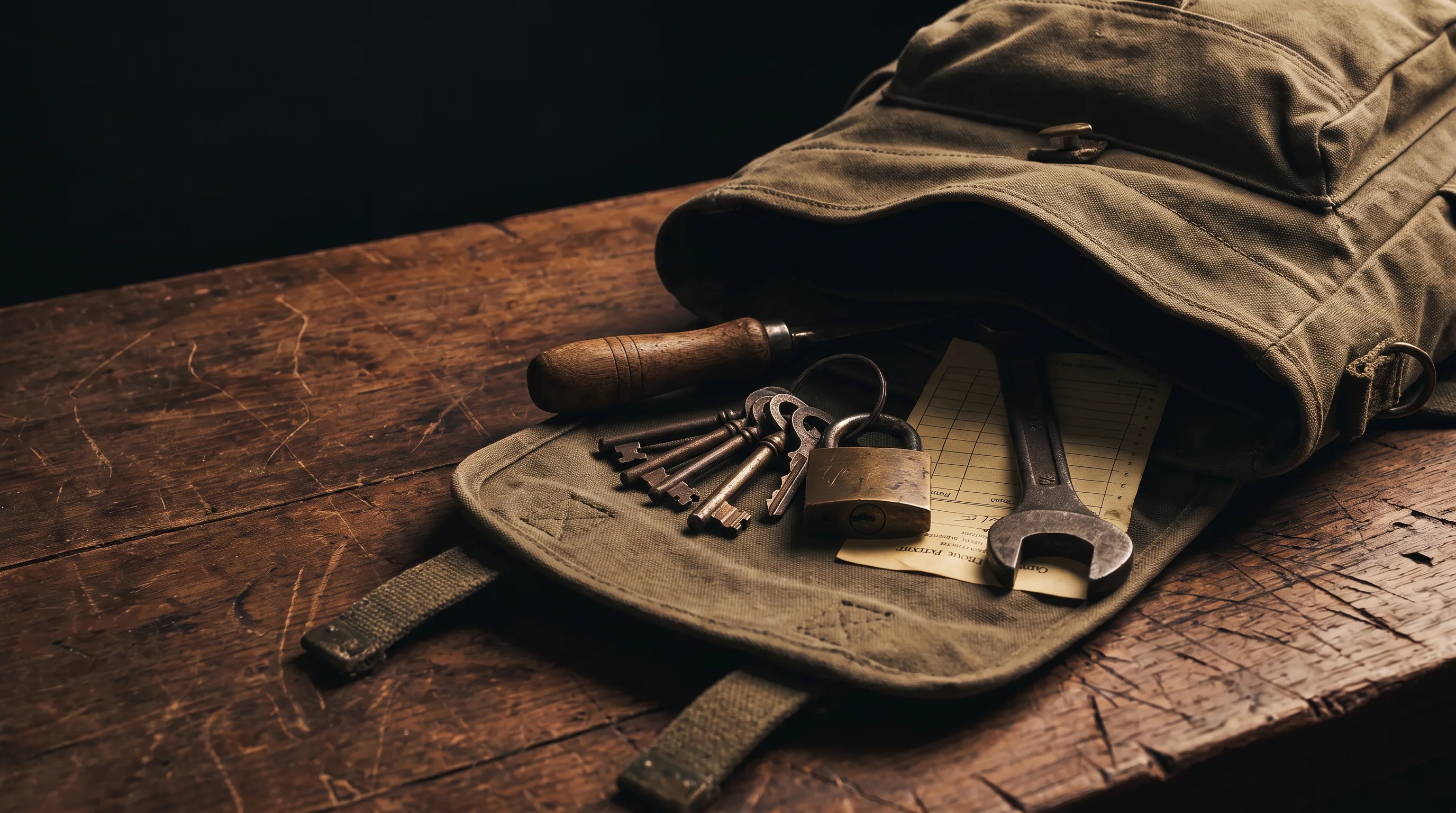 A weathered backpack, old brass keys, a storage unit lock, and carefully chosen tools on a workshop bench, representing the weight of possessions and identities | Live Like You Stole It