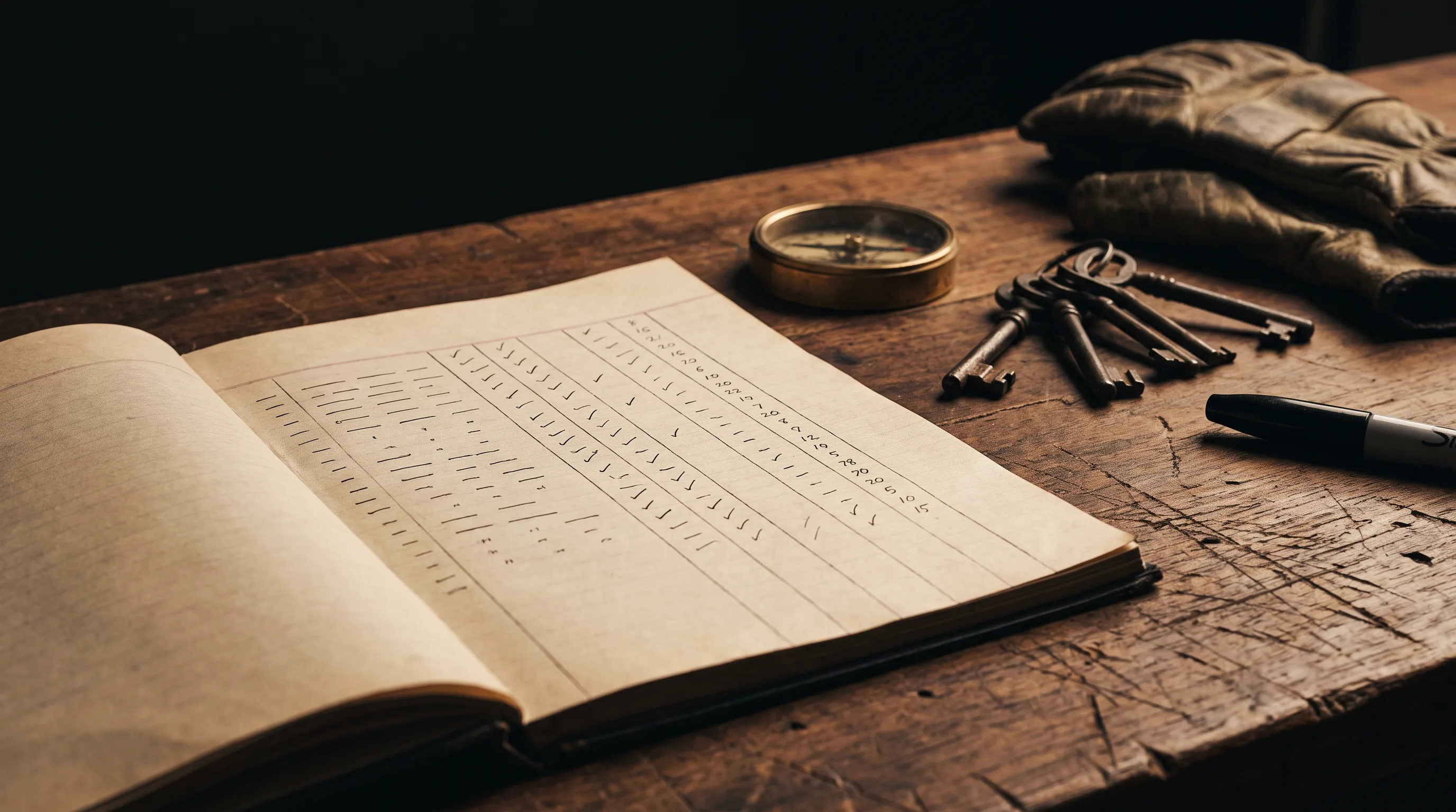 A worn paper ledger, brass compass, old keys, and handwritten notes on a workshop bench, representing an honest inventory of time, money, and mental energy | Live Like You Stole It