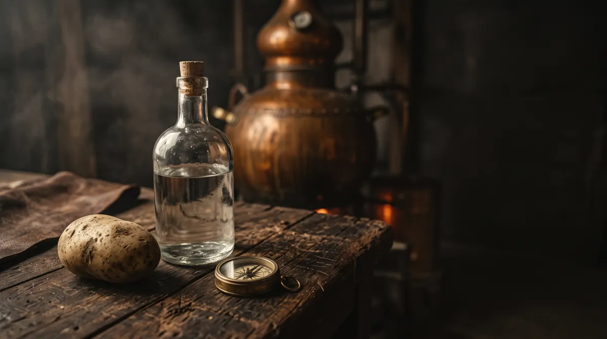 Vintage glass bottle beside a simple raw potato, representing the Distillery process of becoming 100 PROOF | Live Like You Stole It